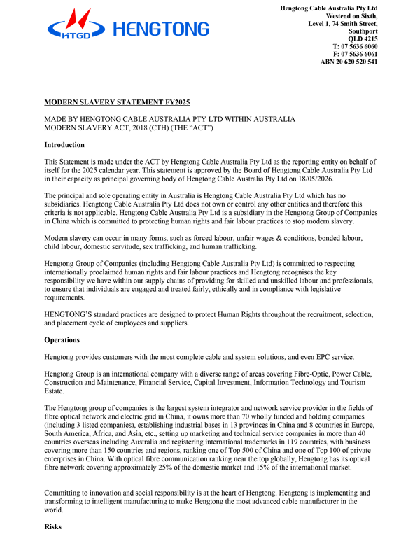 Hengtong Modern Slavery Statement 2026